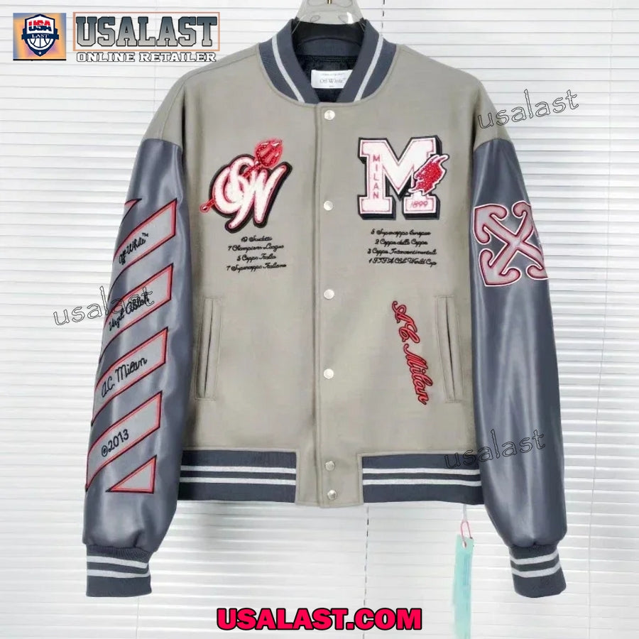 AC Milan Off White Embroidery Baseball Varsity Jacket