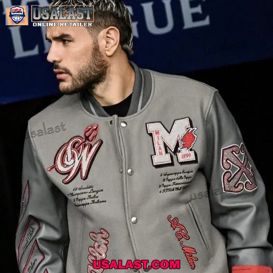 AC Milan Off White Embroidery Baseball Varsity Jacket