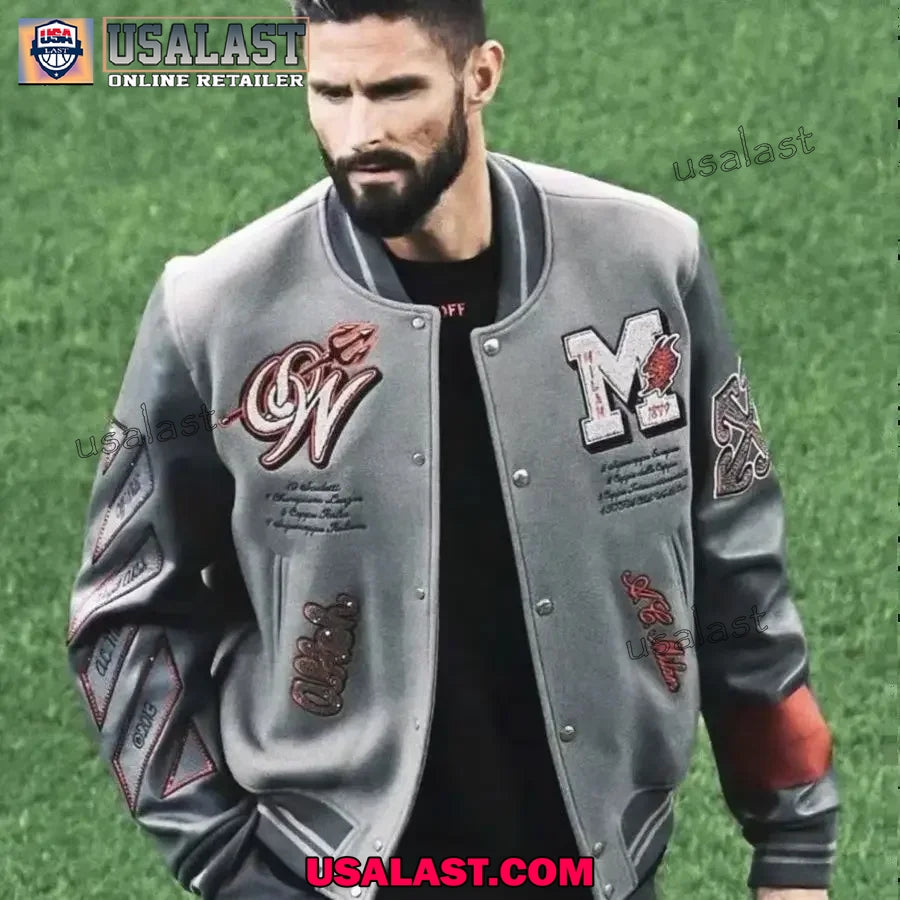 AC Milan Off White Embroidery Baseball Varsity Jacket