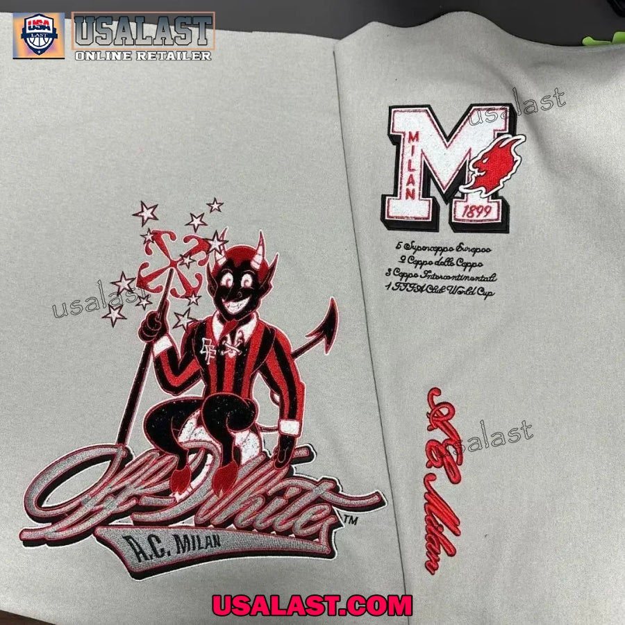 AC Milan Off White Embroidery Baseball Varsity Jacket