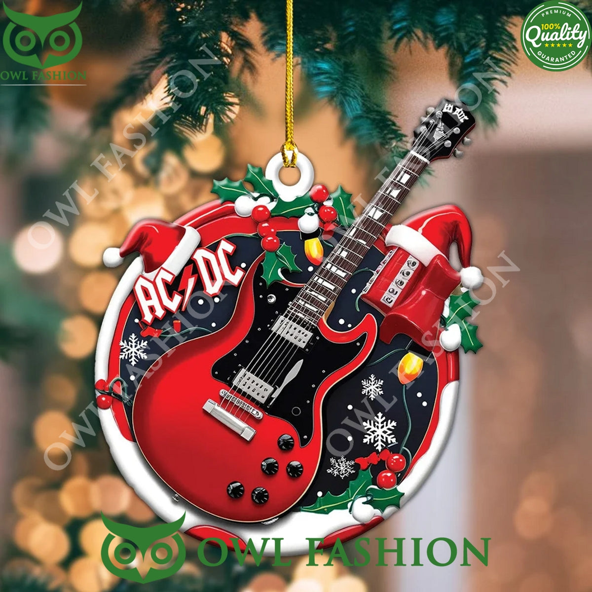 ACDC Guitar Rock Christmas Hat Arcylic Ornament 2024