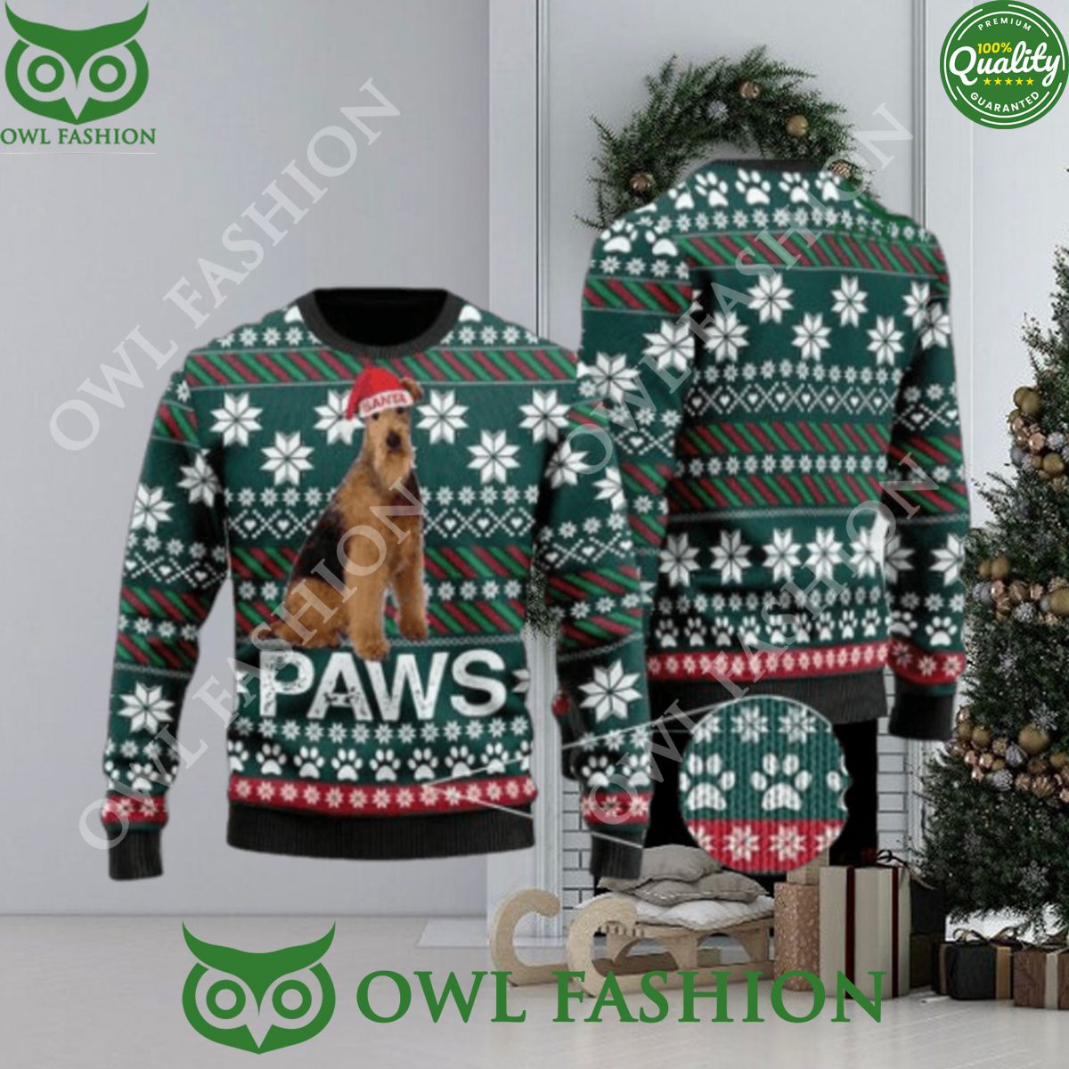 Airedale Terrier Santa Printed Christmas Ugly Sweater Jumper