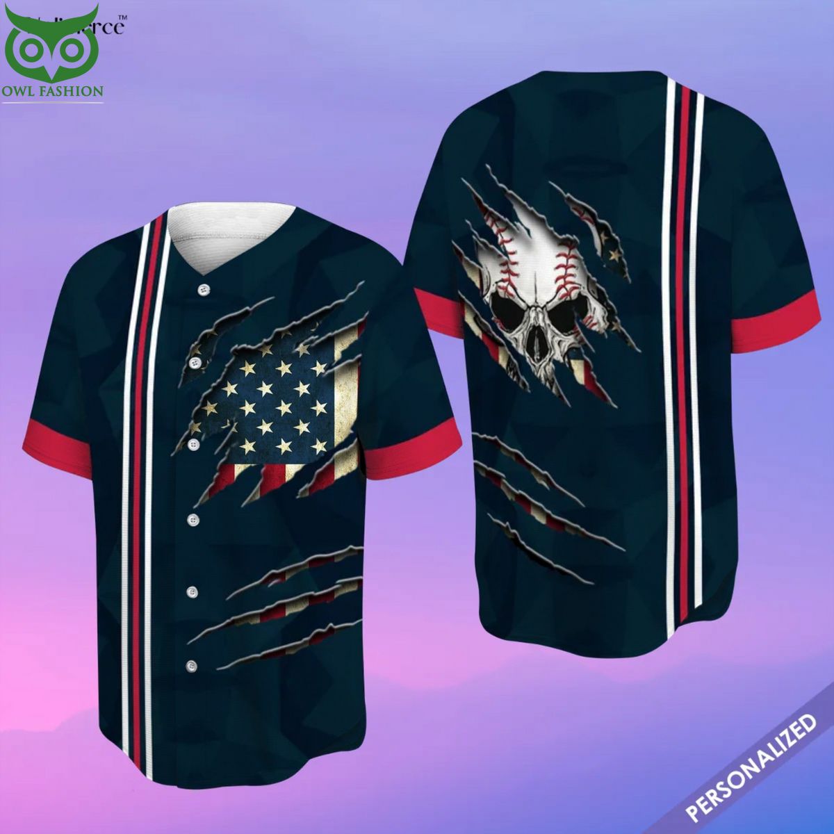 America Skull Blue 3D Team Baseball Jersey