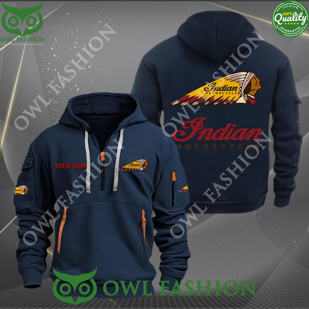 American automotive manufacturer Indian Motorcycle Custom Name Color 2D quarter zip hoodie