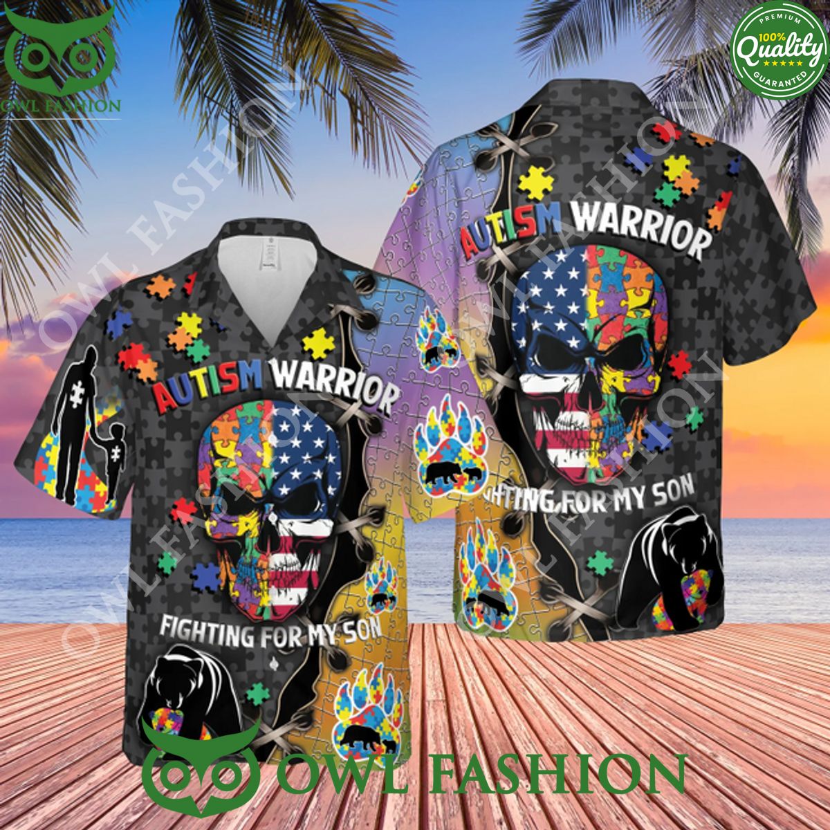 Autism Warrior Fighting For My Son Skull Aloha Autism Awareness Hawaiian Shirt