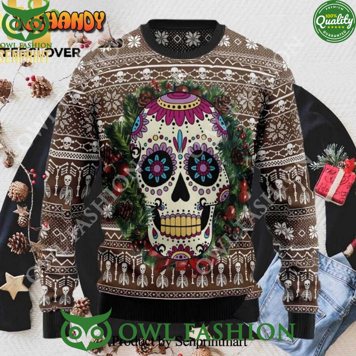 Awesome Sugar Skull Xmas Ugly Christmas Holiday Sweater