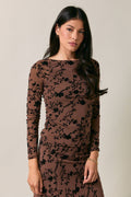 Boat Neck Ragalan Long Sleeve Floral Flocking Mesh Top