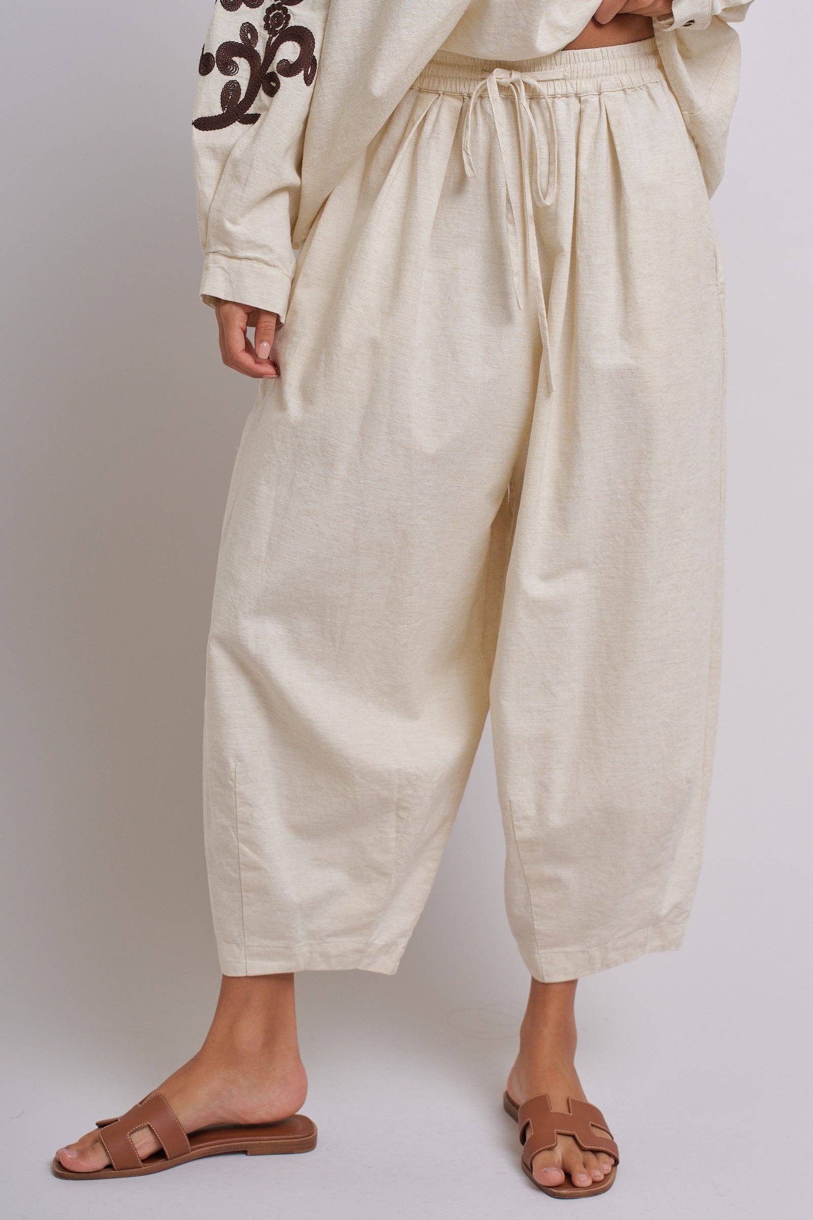 Cotton Linen Drawstring Cocoon Pants with Elastic Waist