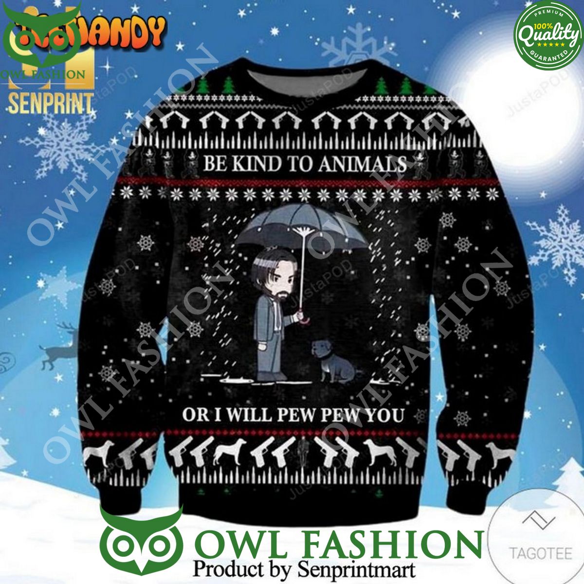 Be Kind To Animal John Wick Knitted Ugly Christmas Sweater
