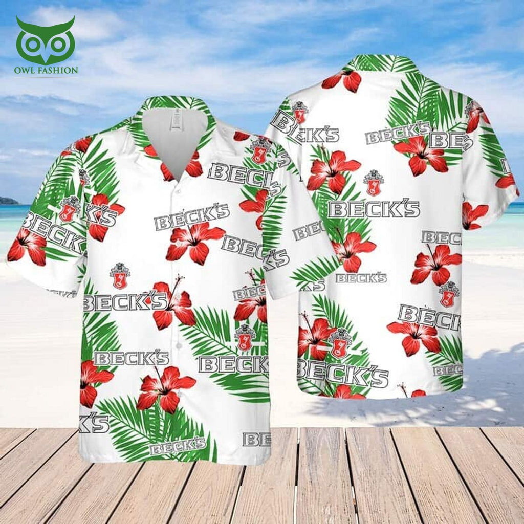 Beck’s Beer Hibiscus Flower And Tropical Palm Leaves Limited Hawaiian Shirt