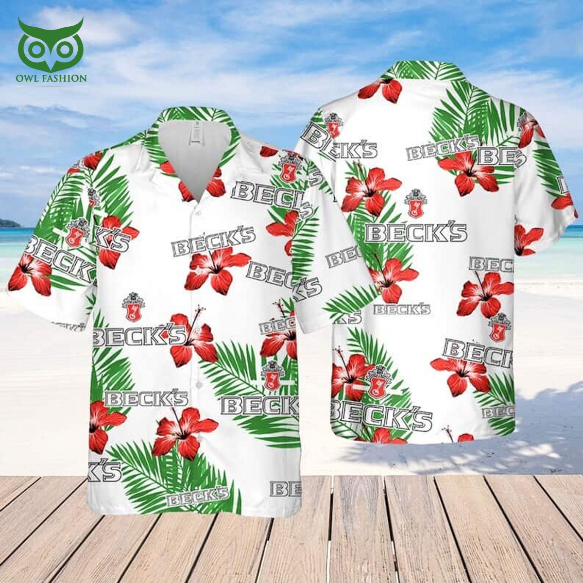 Beck’s Beer Hibiscus Flower And Tropical Palm Leaves Limited Hawaiian Shirt