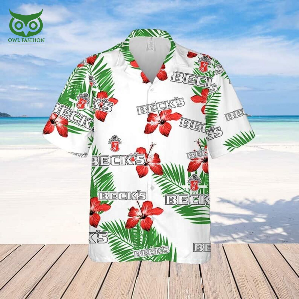 Beck’s Beer Hibiscus Flower And Tropical Palm Leaves Limited Hawaiian Shirt