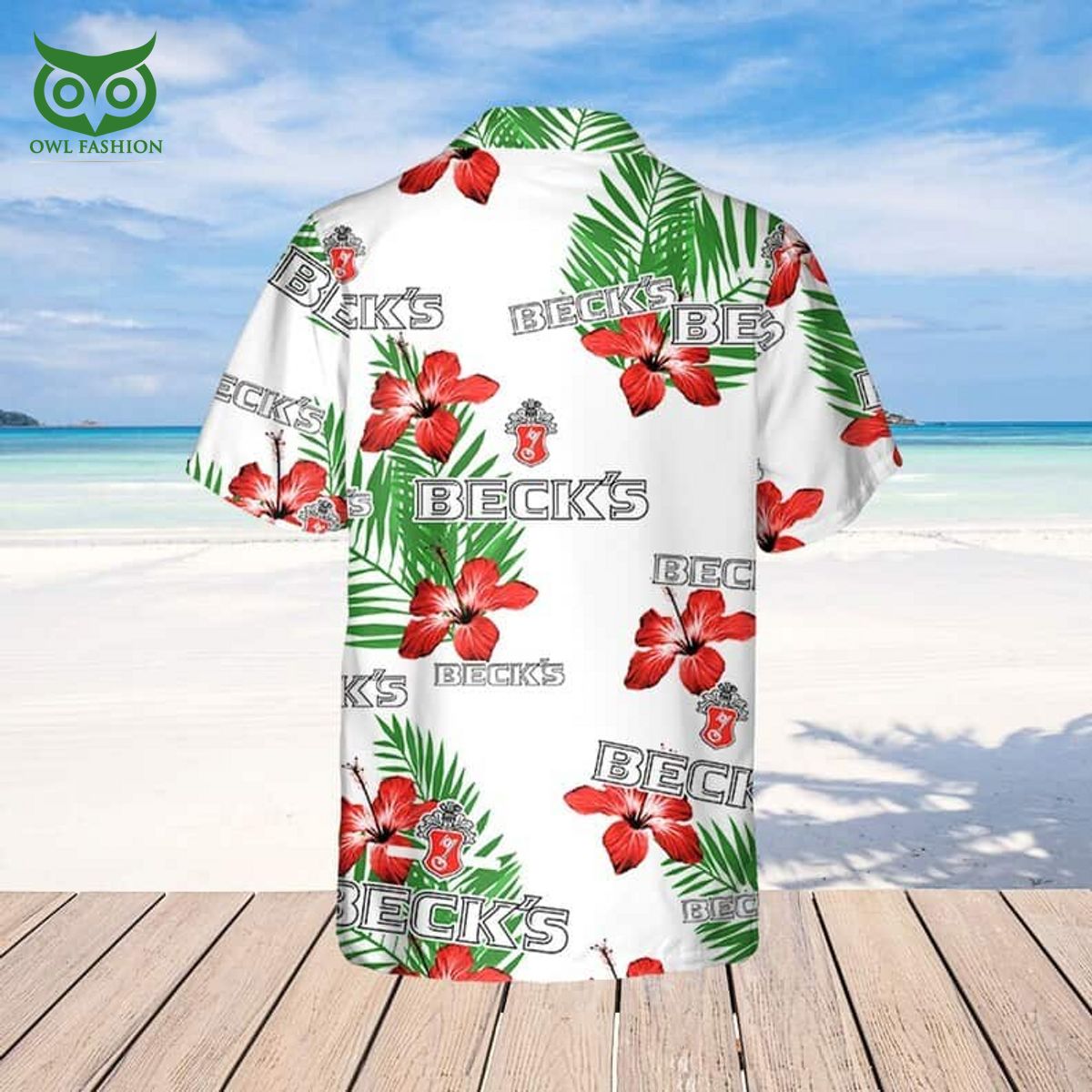 Beck’s Beer Hibiscus Flower And Tropical Palm Leaves Limited Hawaiian Shirt