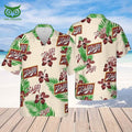 Beige Schlitz Beer Hibiscus Flower Palm Leaves Pattern Hawaiian Shirt