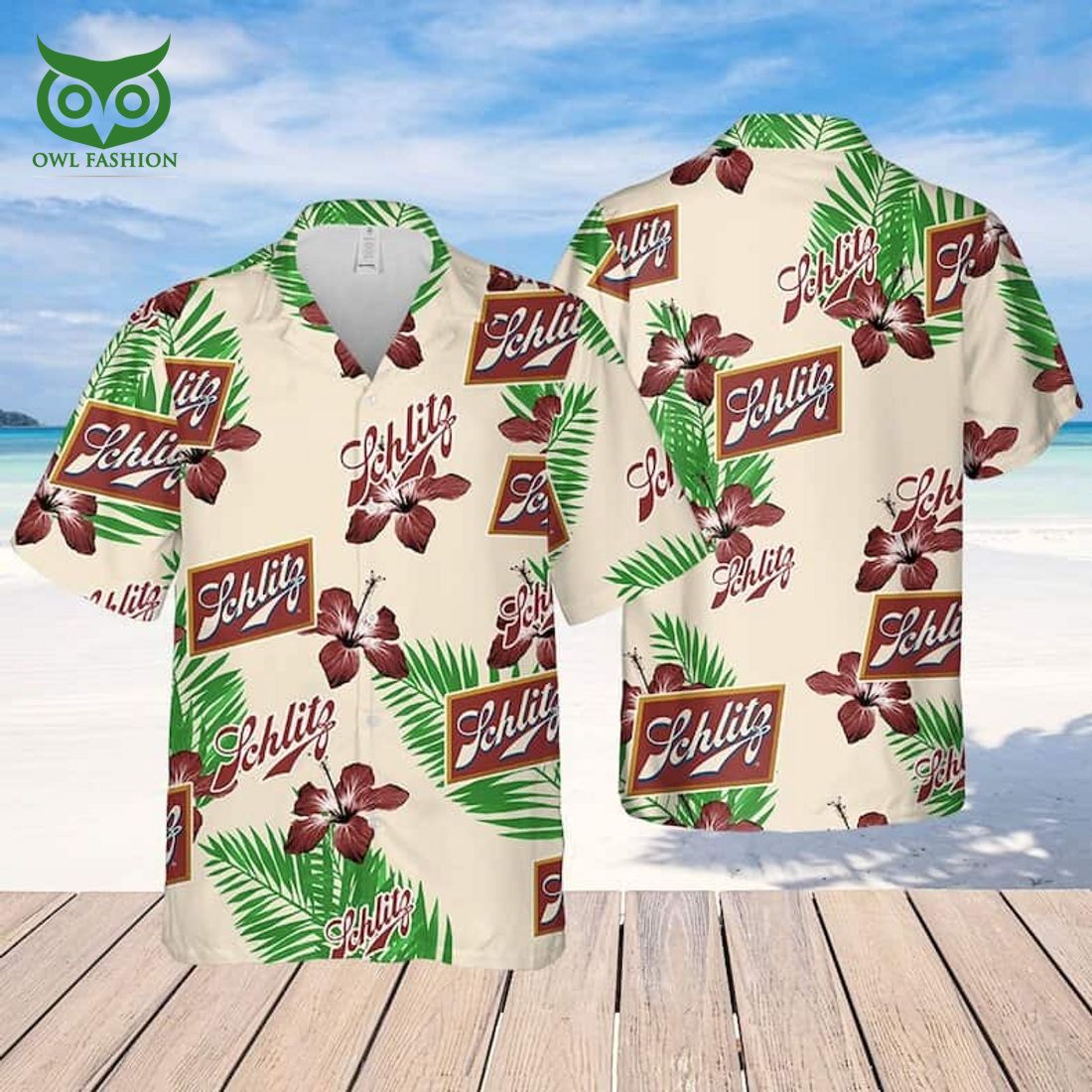 Beige Schlitz Beer Hibiscus Flower Palm Leaves Pattern Hawaiian Shirt