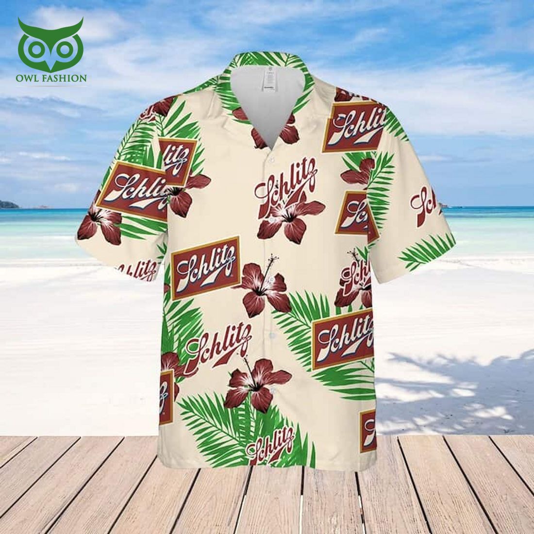 Beige Schlitz Beer Hibiscus Flower Palm Leaves Pattern Hawaiian Shirt