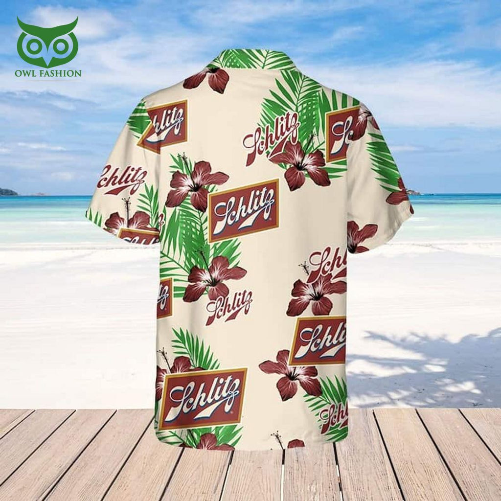 Beige Schlitz Beer Hibiscus Flower Palm Leaves Pattern Hawaiian Shirt