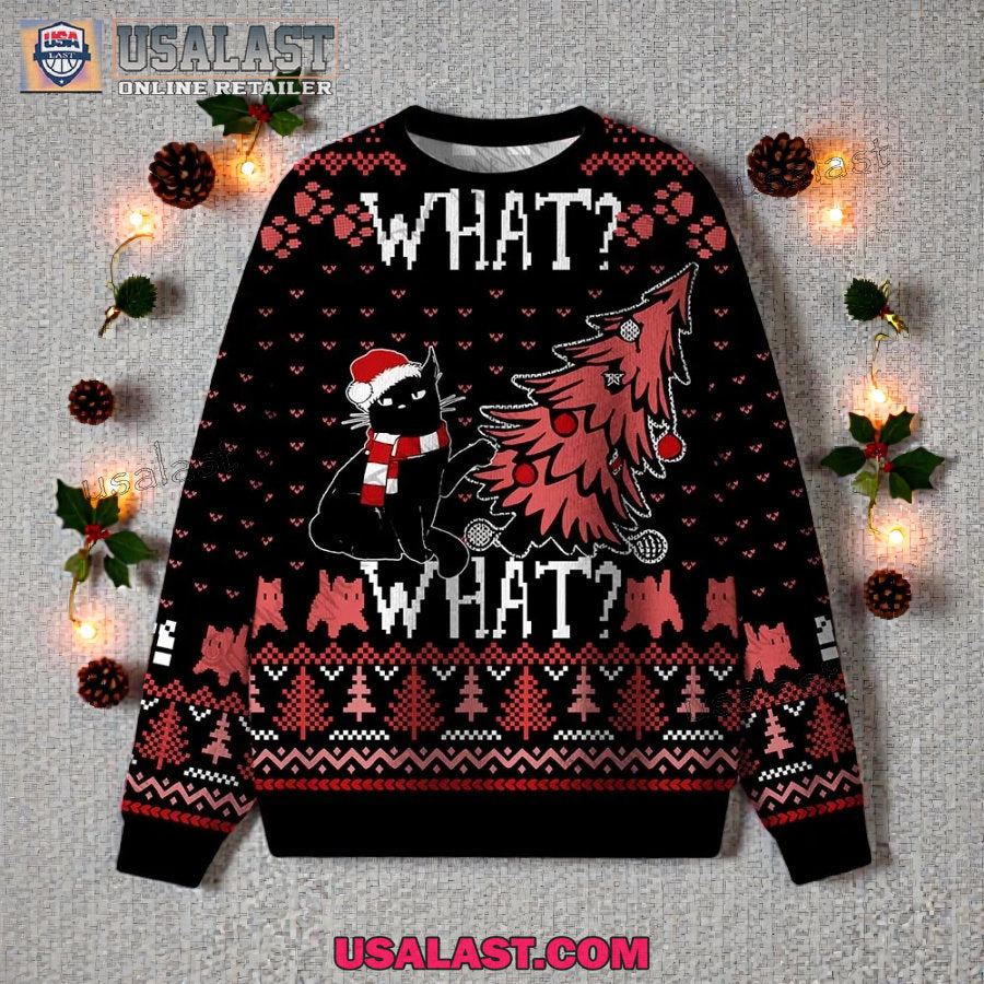 Black Cat What What Ugly Christmas Sweater