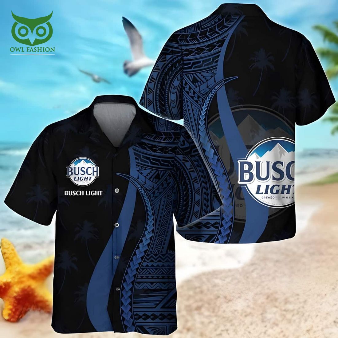 Busch Light Beer Blue Polynesian Pattern Hawaiian Shirt