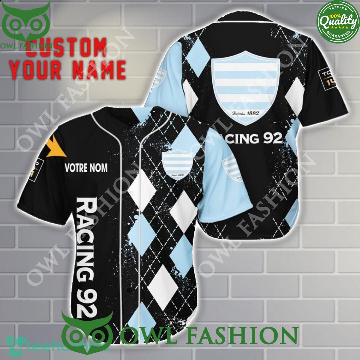 Racing 92 since 1882 Rugby union team Custom Name 3D Baseball Jersey Shirt