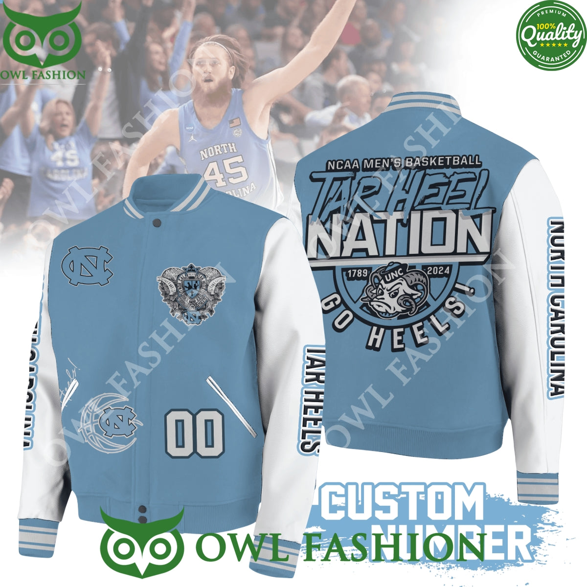 Custom Number NCAA Men’s Basketball Tar Heel Nation Go Heels Baseball Jacket