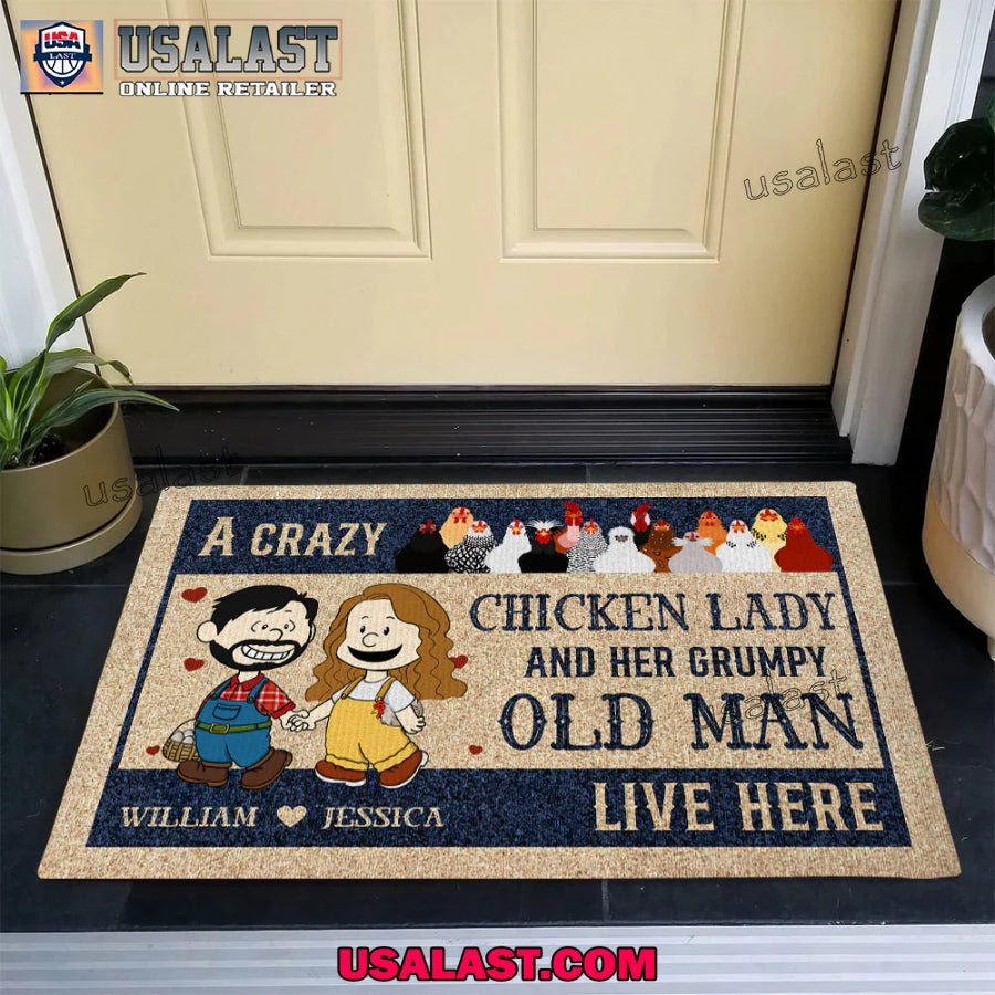 Chicken Lady And Her Grumpy Old Man Live Here Custom Coir Doormat
