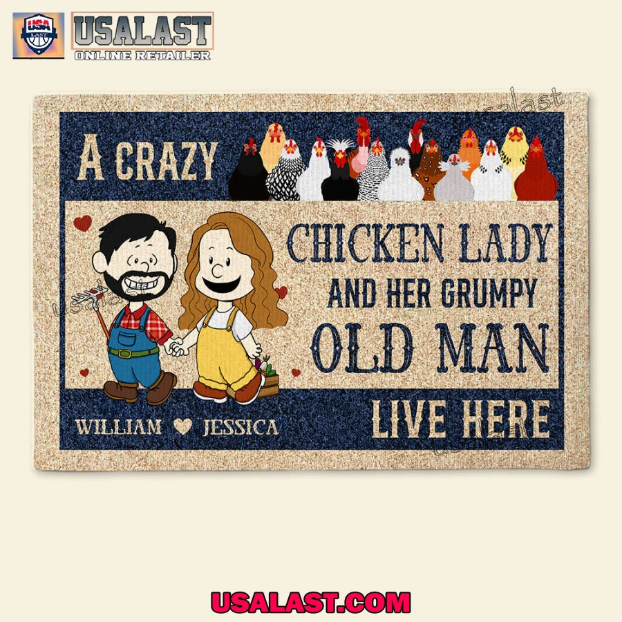 Chicken Lady And Her Grumpy Old Man Live Here Custom Coir Doormat