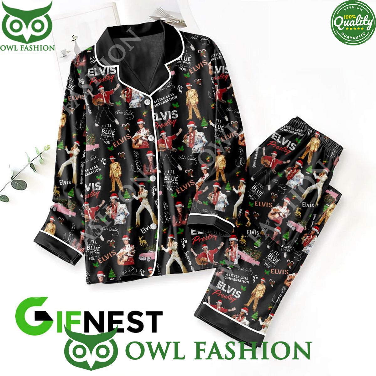 Christmas Elvis Presley Button Down Black Pajamas Set