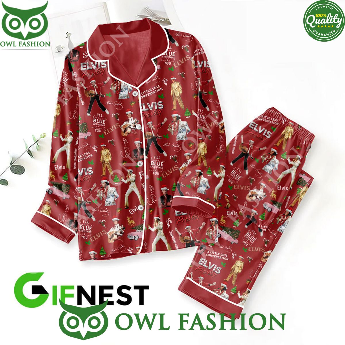 Christmas Elvis Presley Button Down Red Pajamas Set