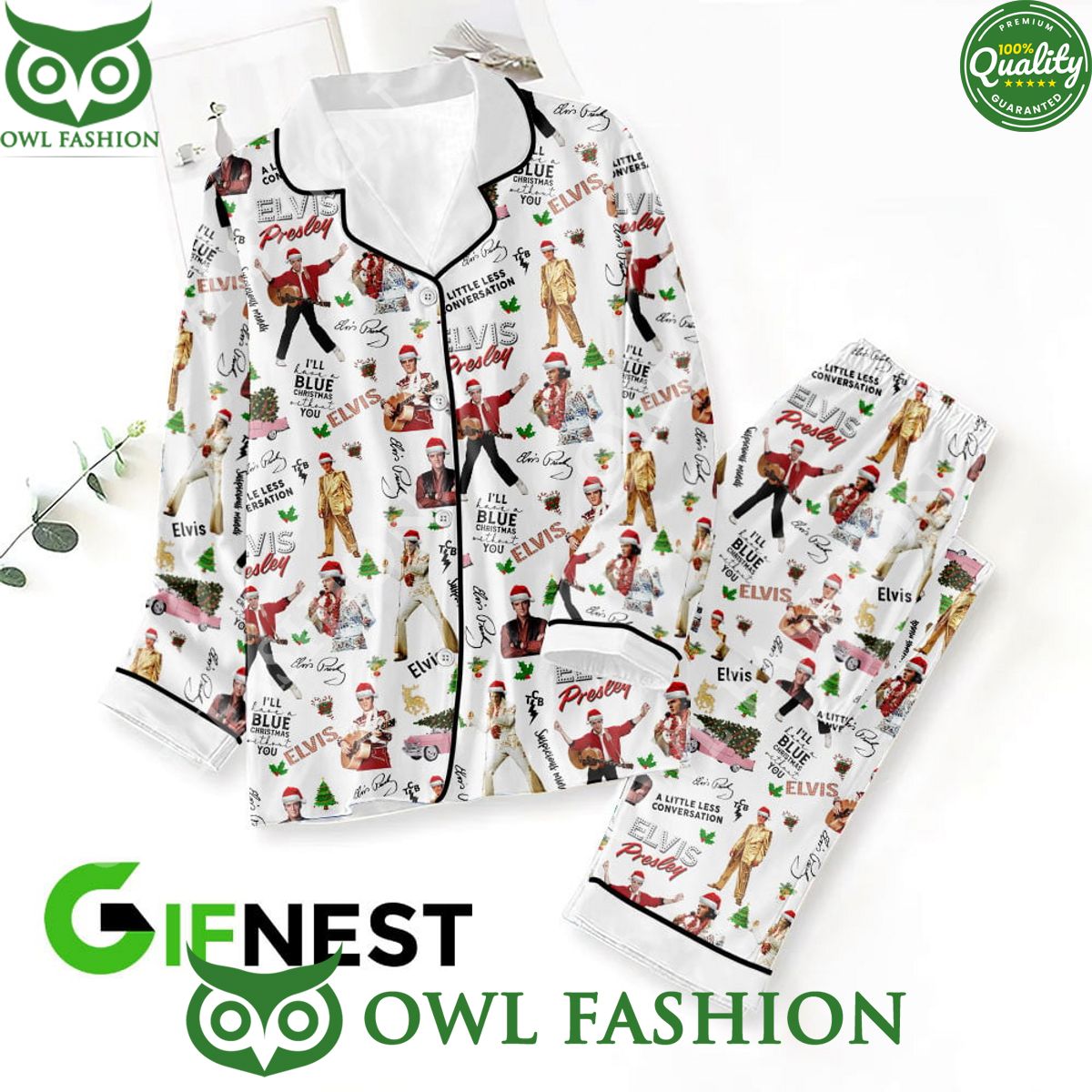 Christmas Elvis Presley Button Down White Pajamas Set