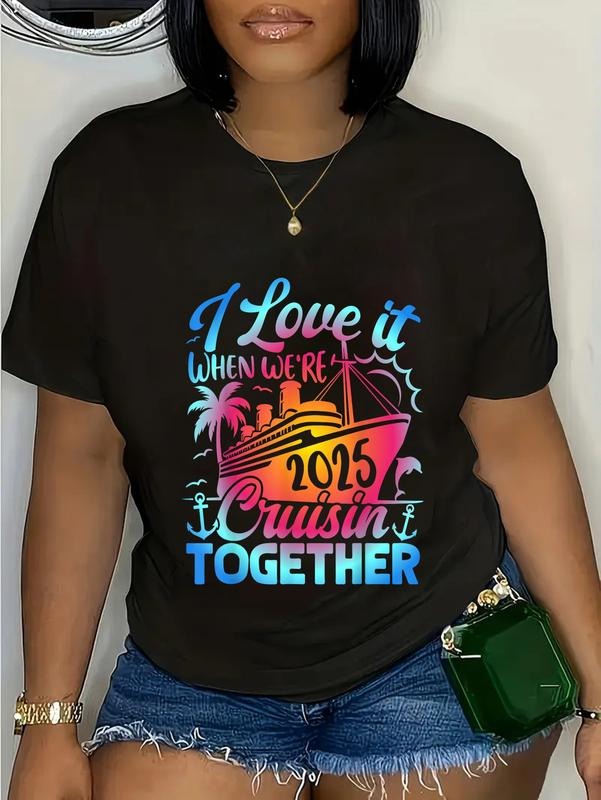 cotton Family Cruise 2025 Swoosh Love Mouthless cat When We're Cruisin' TNF T-Shirt casual Fashion graphic tees for women...
