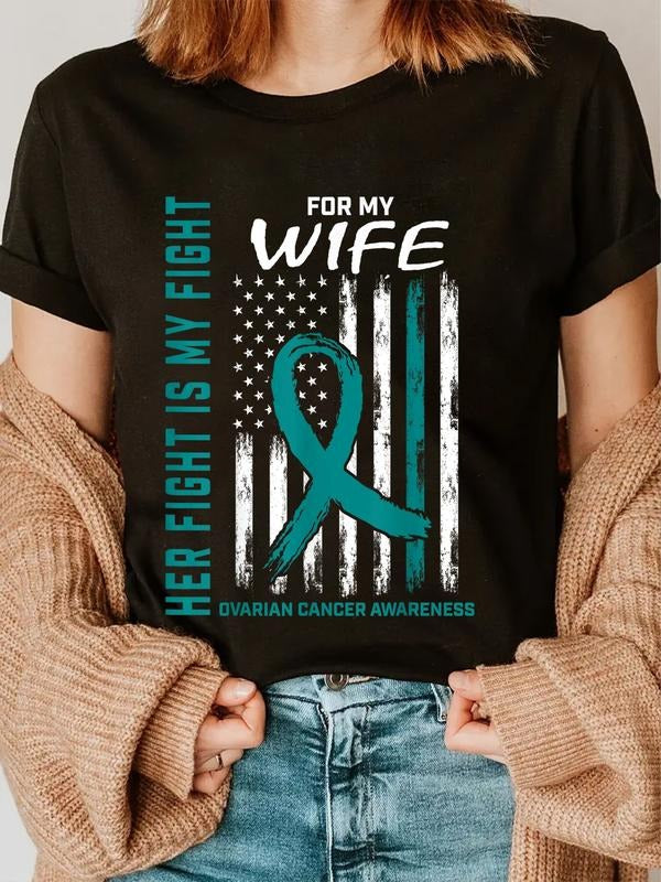 cotton Fight Swoosh Wear Teal For My Wife Ovarian Cancer Flag Husband T-Shirt casual Fashion graphic tees women Hoodie,...