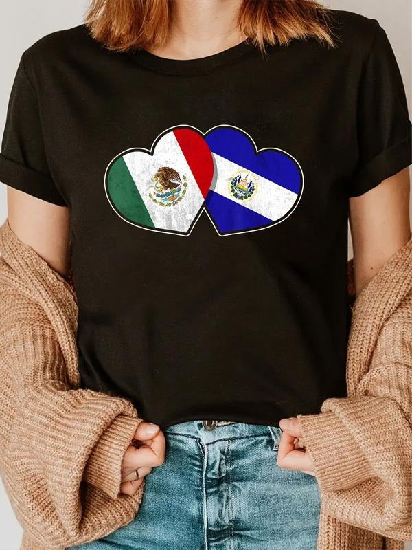 cotton Half Mexican Half Salvadorian Flag Heart Mexico Superhero team Salvador T-Shirt casual Fashion graphic tees women...