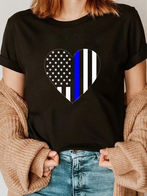 cotton Love Our Police FOG US Flag Heart Thin Blue Line T-Shirt casual Fashion graphic tees women Hoodie, Sweatshirt