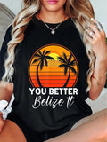 cotton You Better Belize Mouthless cat Palm Trees Sunset Retro T-Shirt casual Fashion graphic tees women Hoodie, Sweatshirt