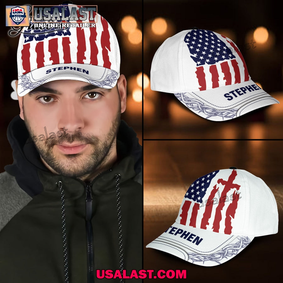 Cross American Flag Custom Name Classic Cap