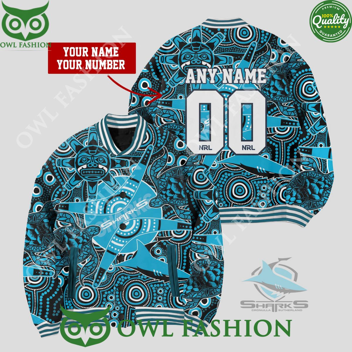 Custom Name and number NRL Cronulla Sutherland SharksNaidoc Rugby Baseball jacket Varsity