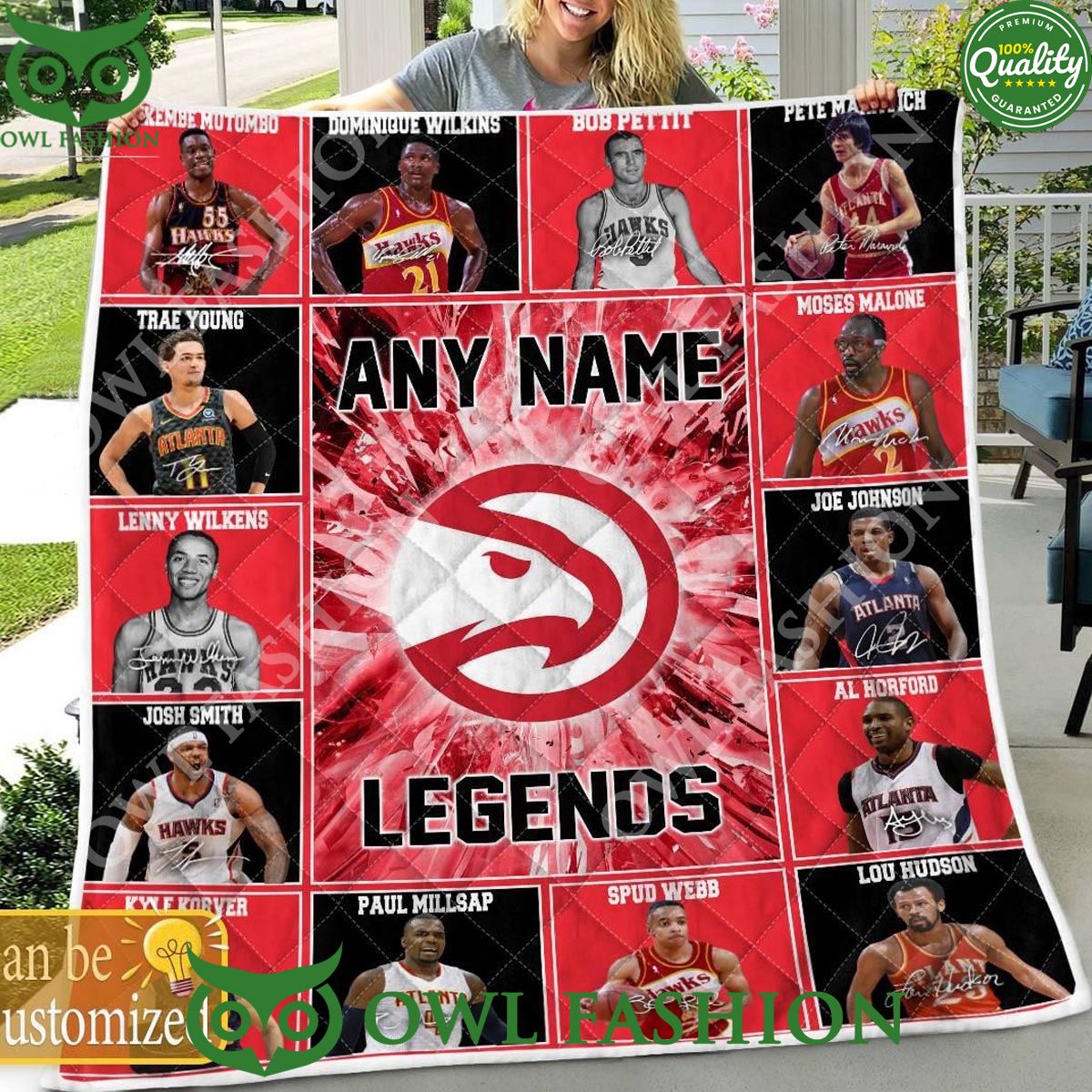 Custom Name Atlanta Hawks Legends 2024 Team Red Quilt Fleece Blanket