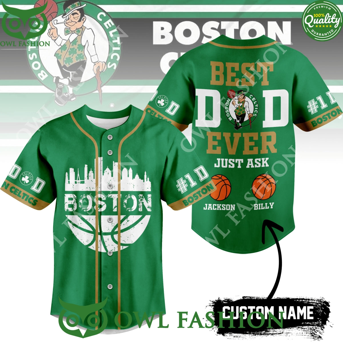 Custom Name Boston Celtics Best Dad Ever Green Baseball Jersey Shirt