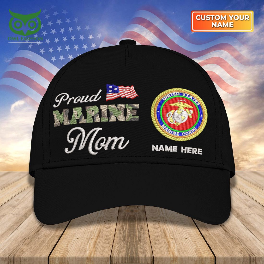 Custom Name Embroidery US Armed Force Proud Marine Mom Classic Cap