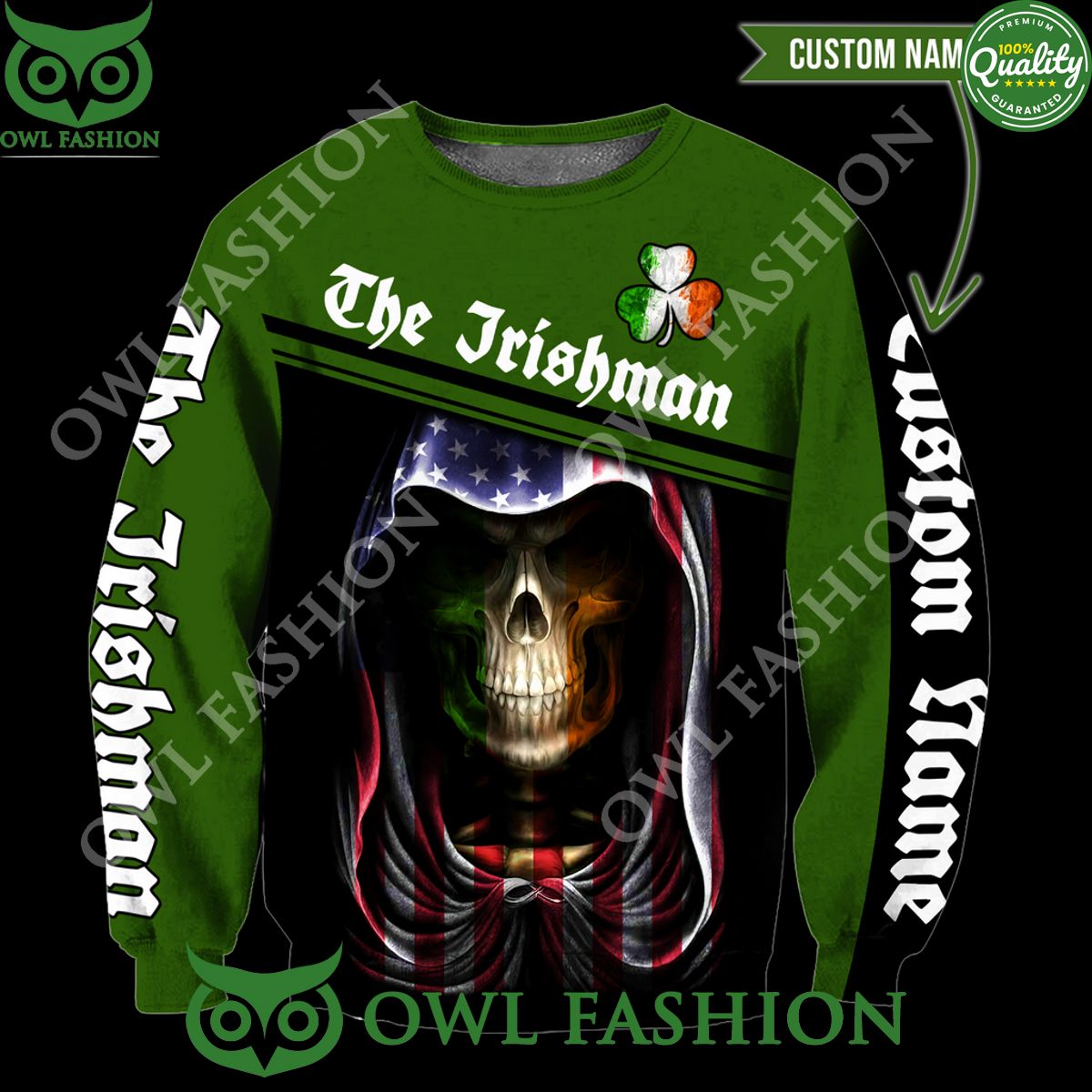 Custom Name Irish Skull St Patrick Day Skull US Flag 3D Hoodie