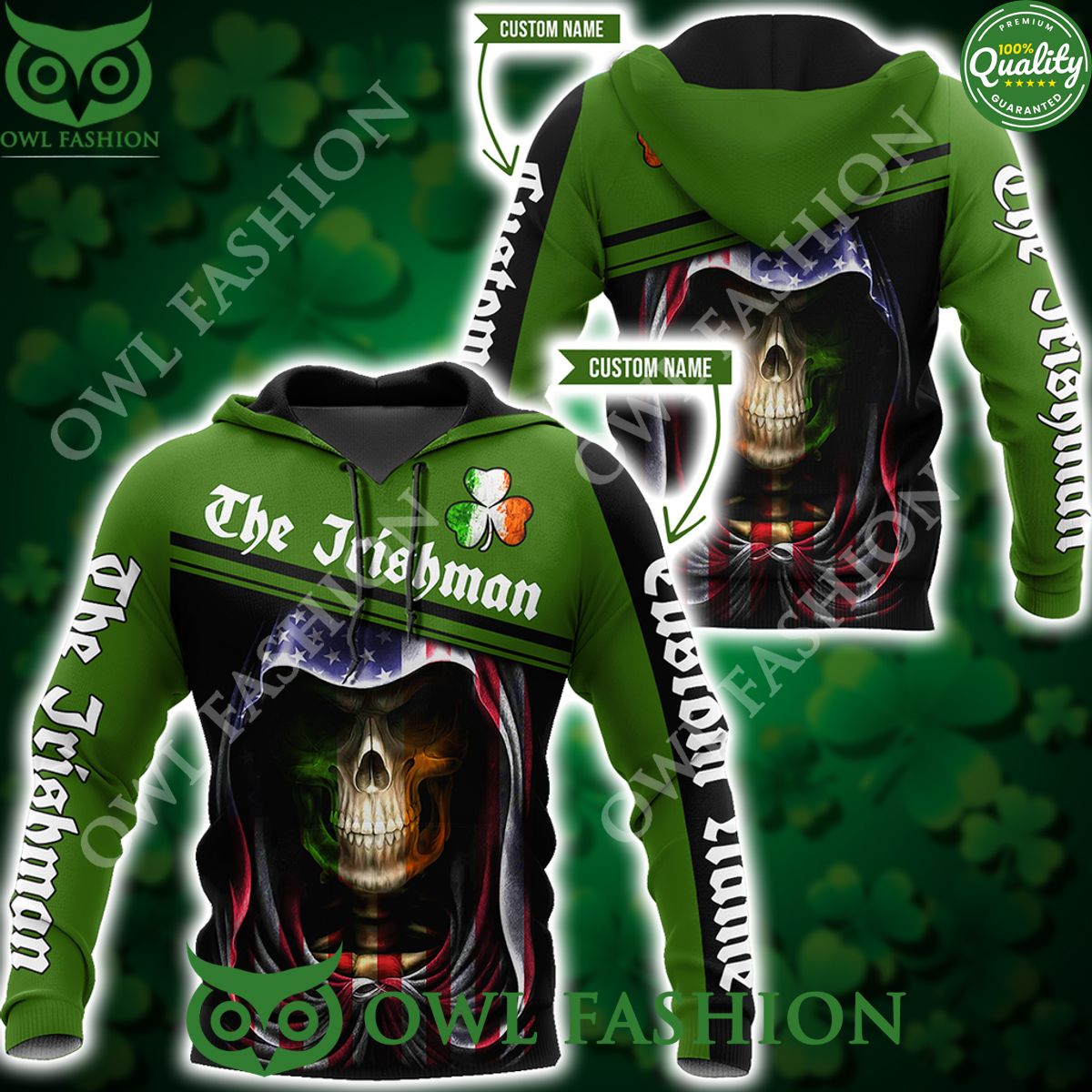 Custom Name Irish Skull St Patrick Day US 3D Hoodie