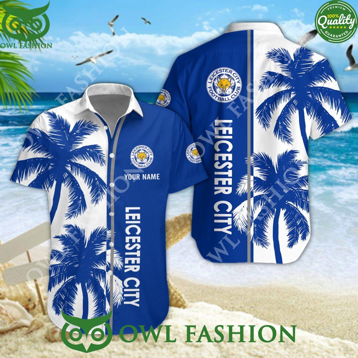 Custom Name Leicester City summer beach blue tropical coconut tree 2024 Hawaiian Shirt