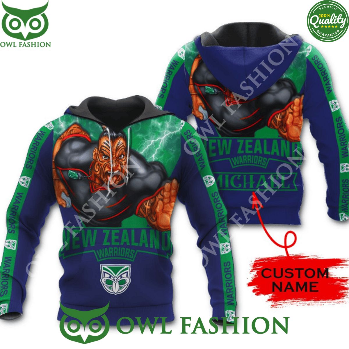 Custom Name New Zealand Warriors NRL Mascot Print 3D Hoodie