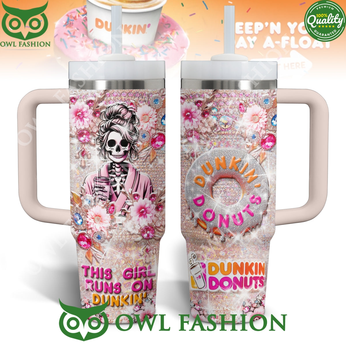 Dunkin Donuts This Girl Runs on dunkin Skull pink 40oz with handle