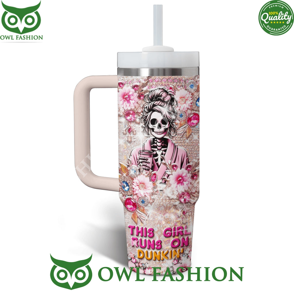 Dunkin Donuts This Girl Runs on dunkin Skull pink 40oz with handle