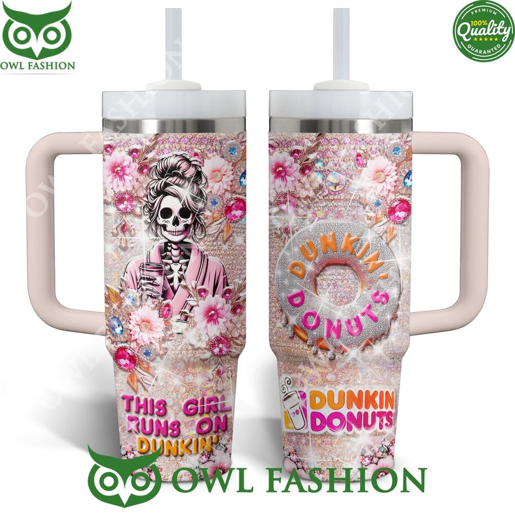 Dunkin Donuts This Girl Runs on dunkin Skull pink 40oz with handle