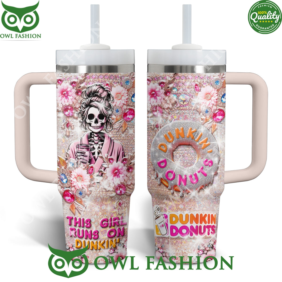 Dunkin Donuts This Girl Runs on dunkin Skull pink 40oz with handle