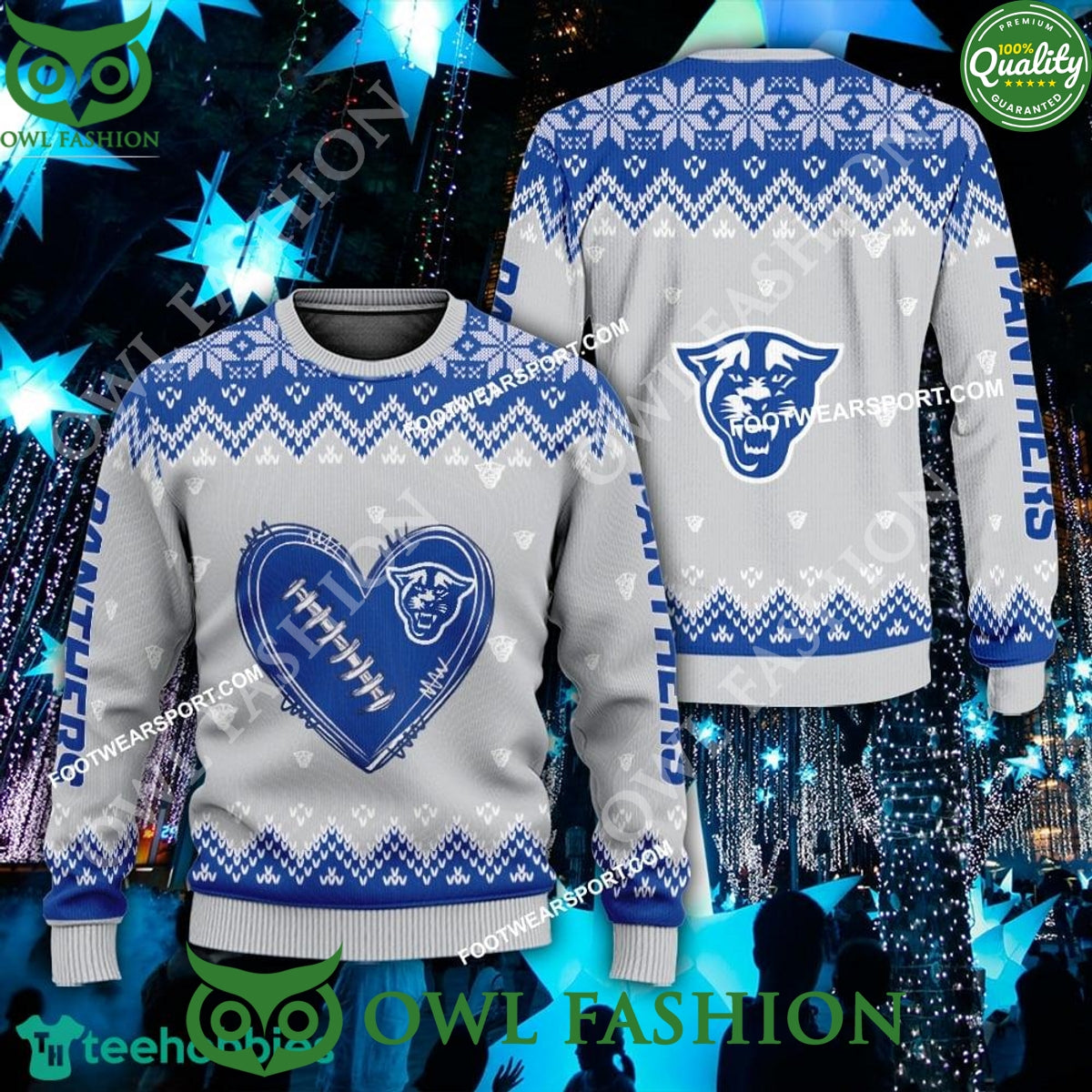 Football Georgia State Panthers Heart Pattern Christmas Sweater