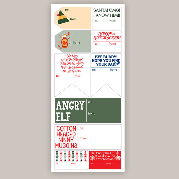 Elf Movie Holiday Tags (Sticker Sheet) T-Shirts, Hoodie, Sweatshirt | RetroVerseTees.com (Image 1)